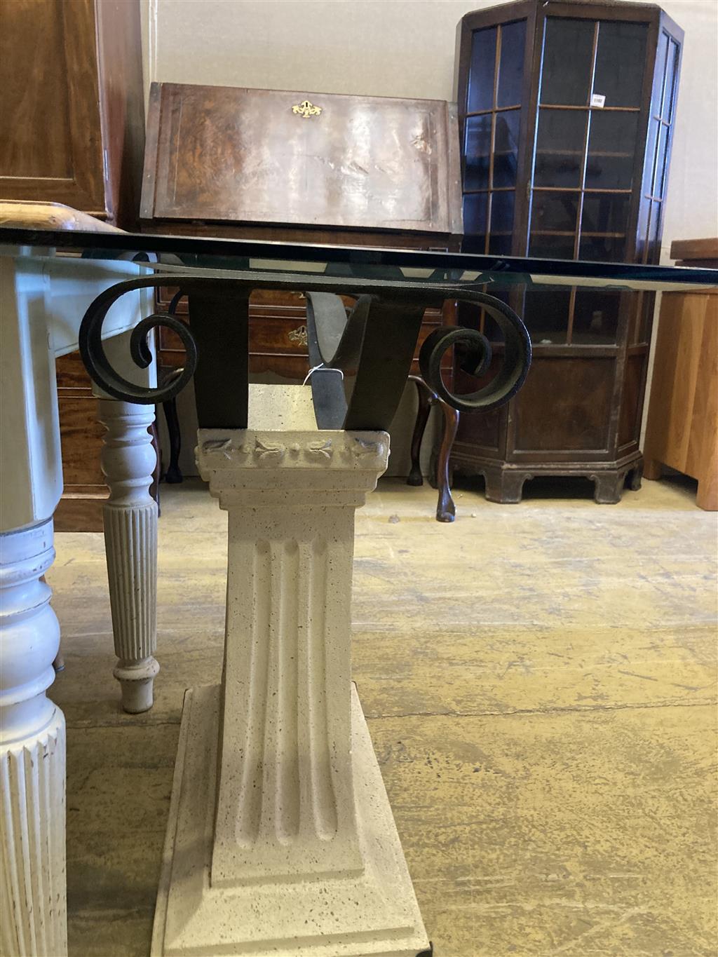 A contemporary composition wrought iron glass top console table, length 120cm, depth 40cm, height 75cm